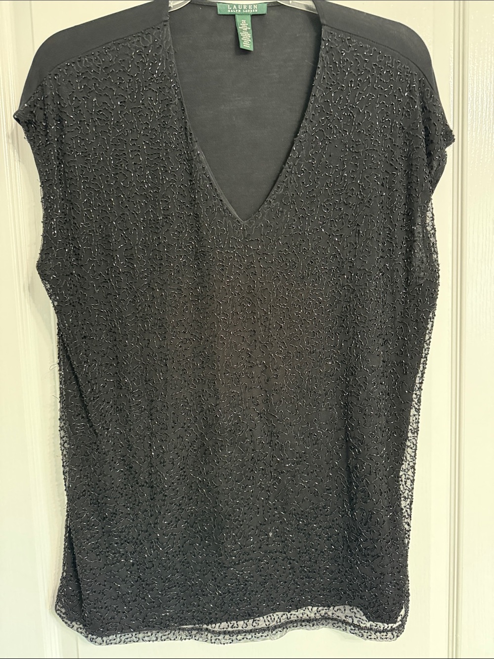 Lauren Ralph Lauren Black Beaded V-Neck Tunic Top